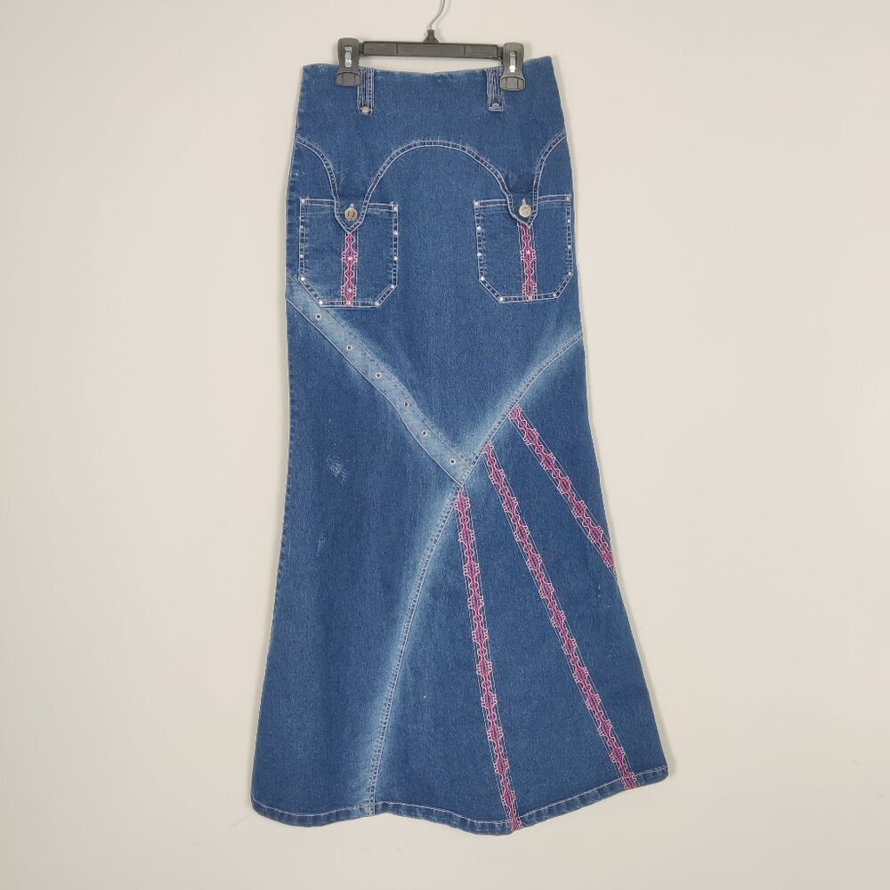 YLKD Yilukadan Women's Skirt Size S Blue Denim Vintage 90s Casual Embroidered